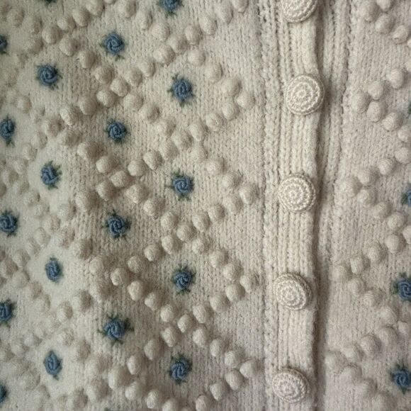 Vintage 40s 50s Wool Popcorn Knit Cardigan Sweater Cropped S Blue Floral Buttons - Picture 6 of 16